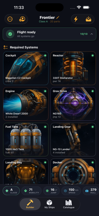 Ship Forge builder showing the Frontier, flight ready