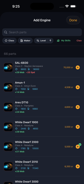 Engine picker with live stat deltas